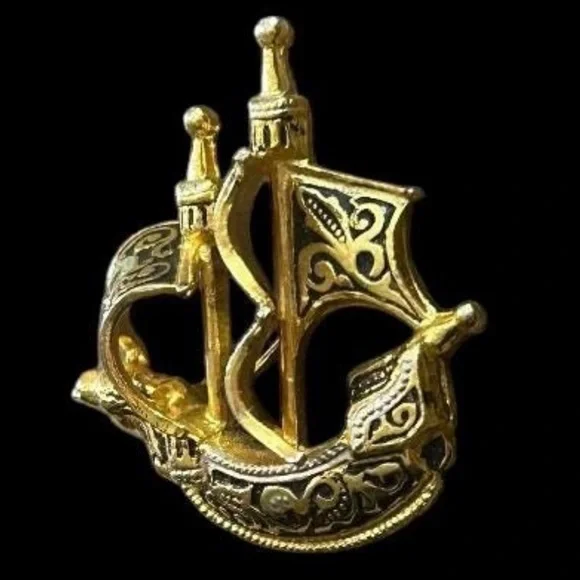 ✨ 1960s Damascene Mid-Century Ship Brooch – Gold & Black Enamel ✨ - Picture 3 of 6